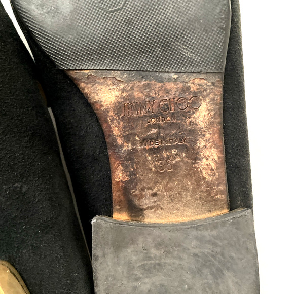 Jimmy Choo Jaida Black Suede Square Toe Smoking Slipper Flat Gold Heel 36 5.5 - Picture 16 of 16